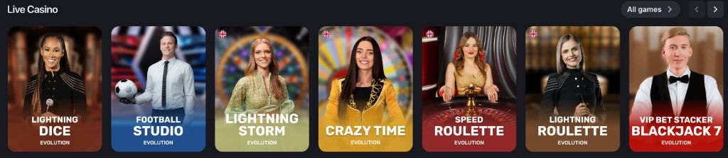 Winum Casino live dealer games: Lightning Roulette, Crazy Time, Blackjack by Evolution